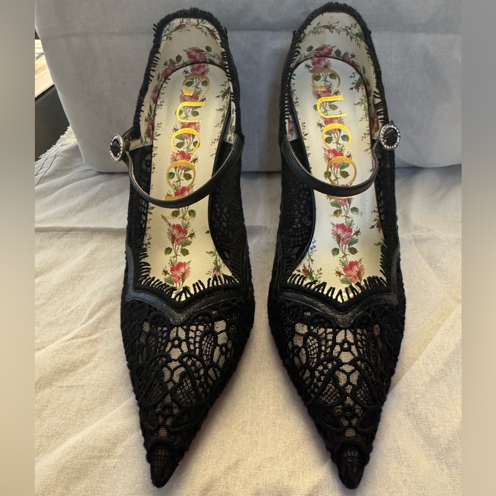 Gucci Black Lace Heels with Mary Jane Strap, Leather Trim and Rhinestone Buckle